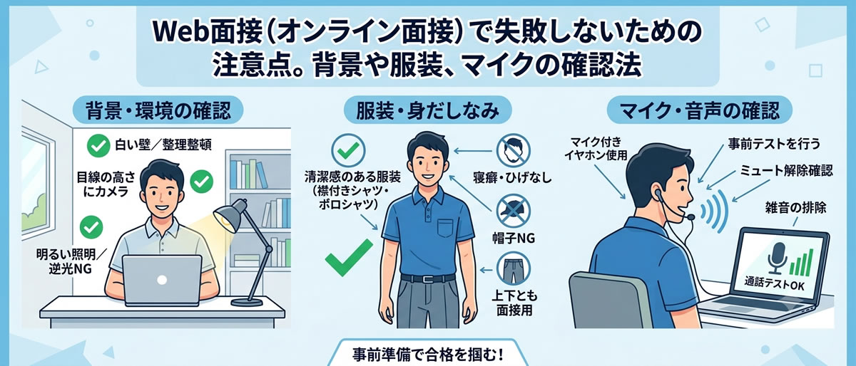 Web面接（オンライン面接）で失敗しないための注意点。背景や服装、マイクの確認法