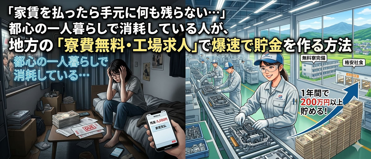 「家賃を払ったら手元に何も残らない&hellip;」都心の一人暮らしで消耗している人が、地方の「寮費無料・工場求人」で爆速で貯金を作る方法