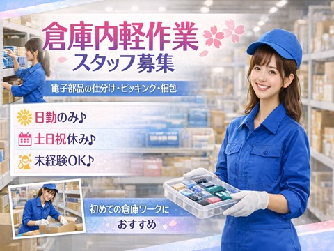 日勤×土日祝休み　駅チカ徒歩10分電子部品の倉庫内軽作業