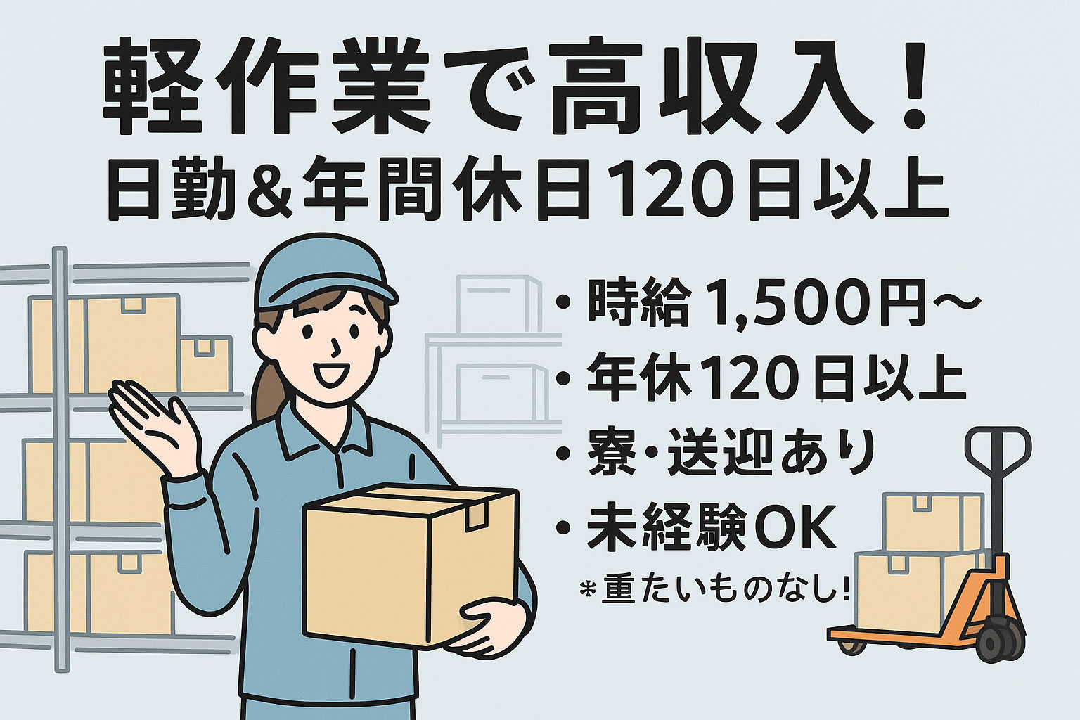 梱包、出荷、検品、ピッキング業務等
人気の倉庫内軽作業