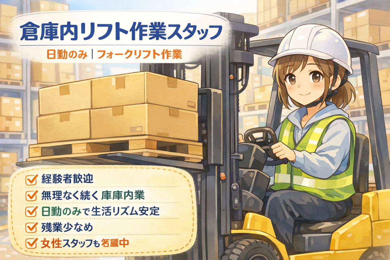 日勤のみ　フォークリフト作業経験者歓迎　無理なく続く倉庫内作業