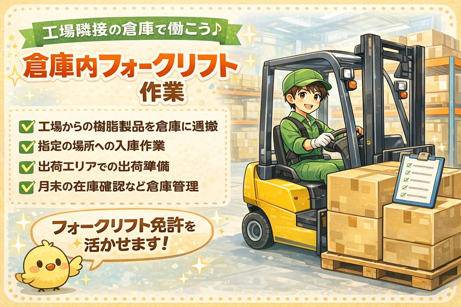 日勤のみ　フォークリフト作業経験者歓迎　無理なく続く倉庫内作業