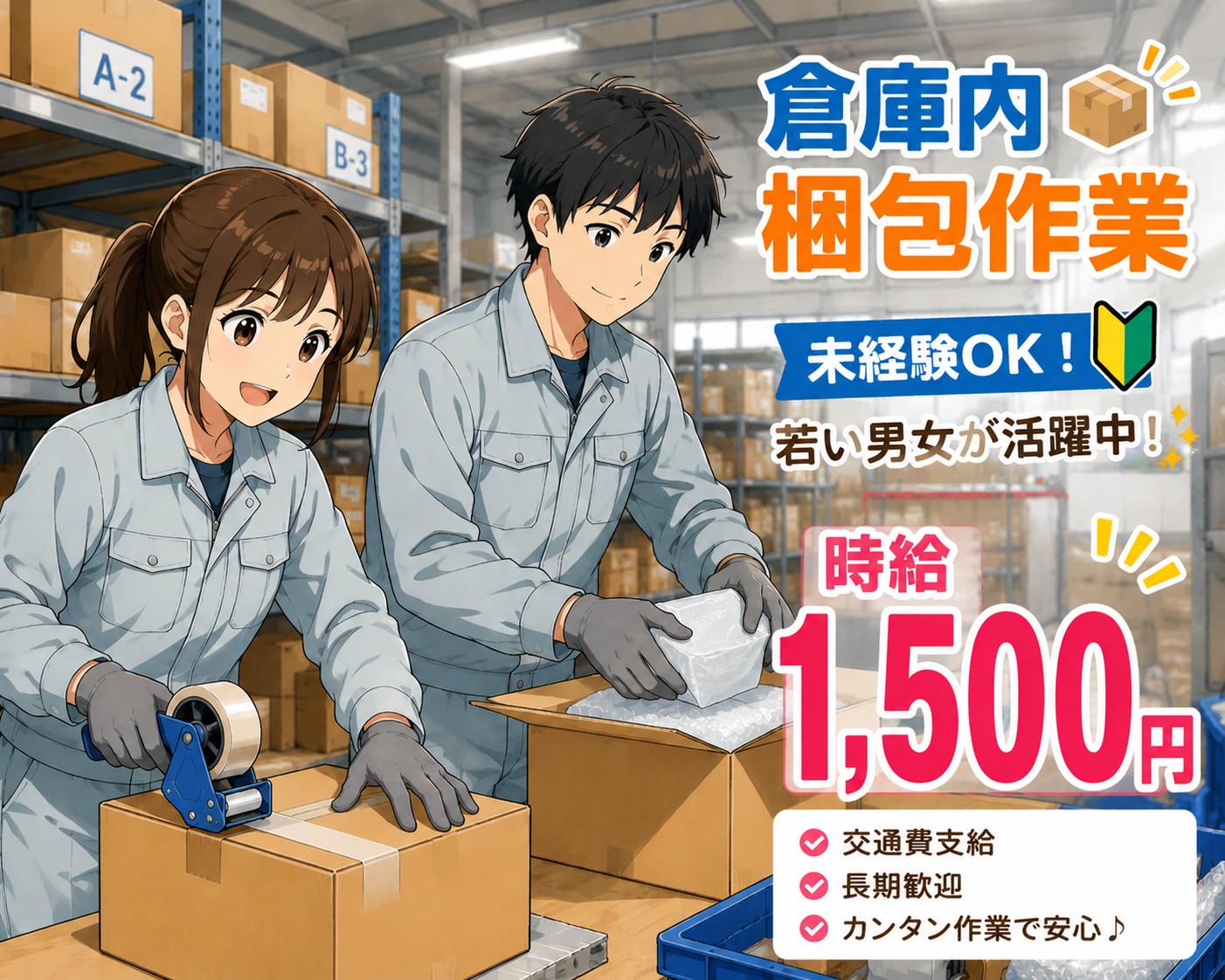 梱包、出荷補助、検品、ピッキング業務等
人気の倉庫内軽作業