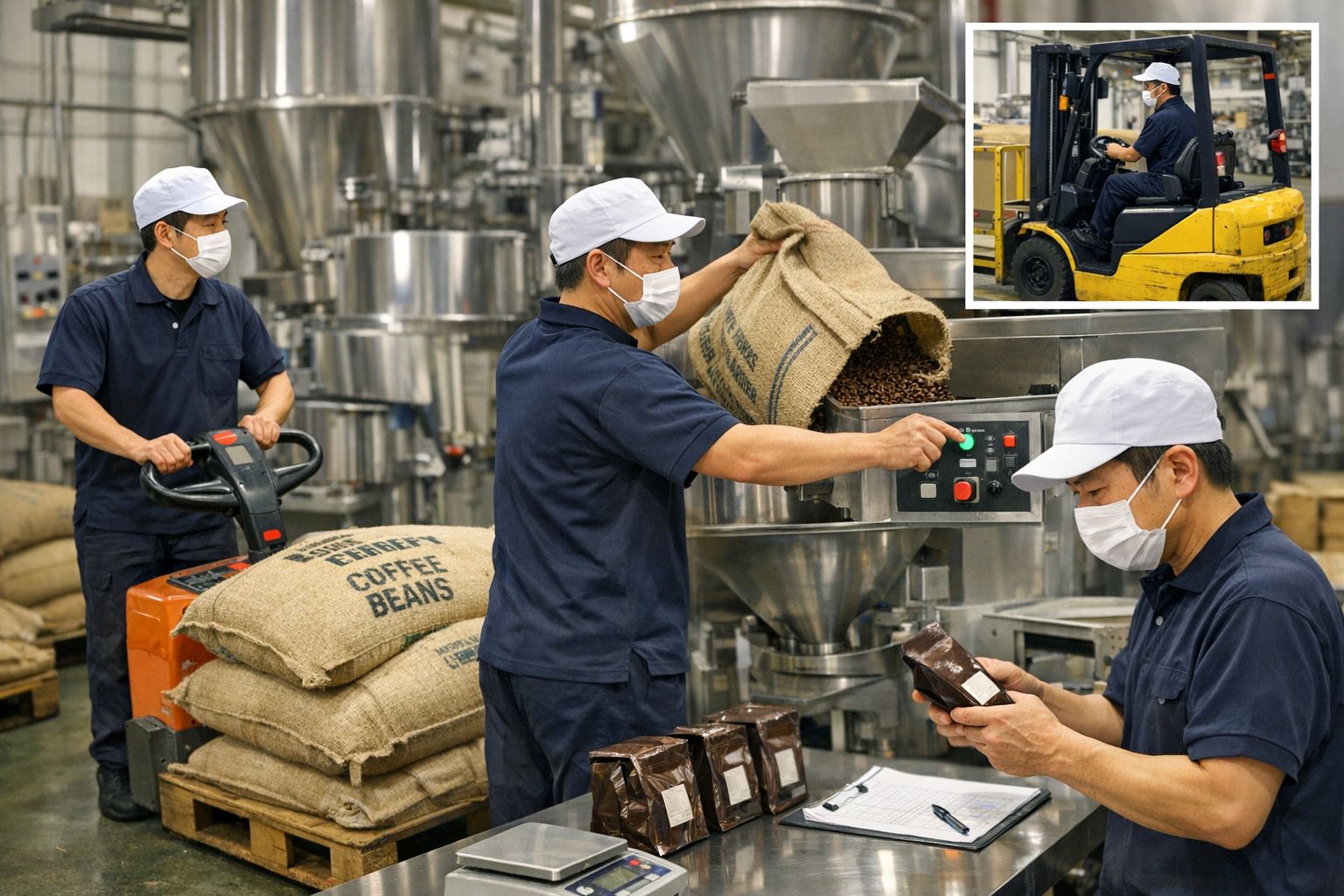 工場　コーヒー製造の補助作業
未経験OK　材料充填や検査・物流など