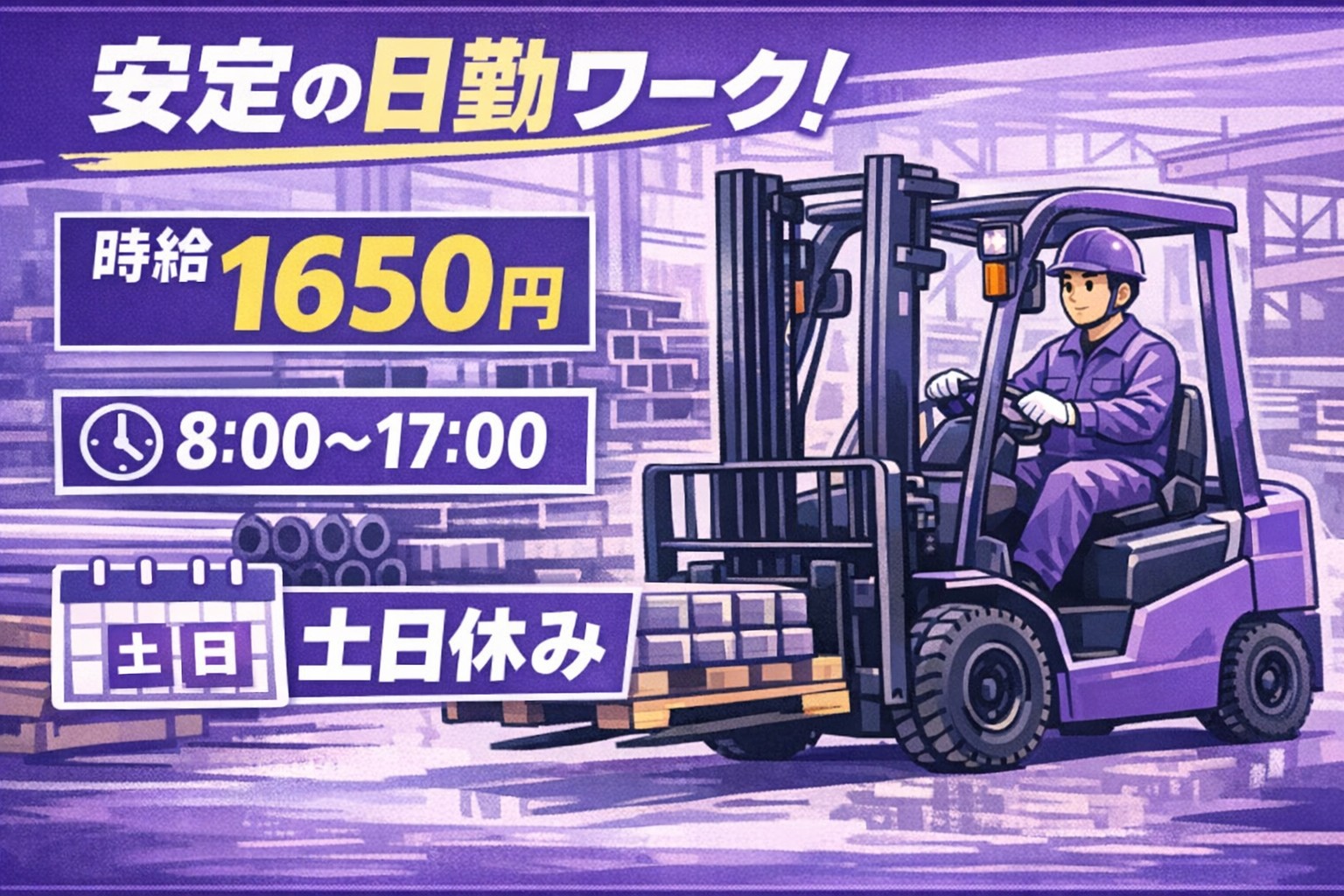 【日勤固定】龍ヶ崎市内の鍛造工場｜フォークマン募集｜ブランクOK｜40代活躍中