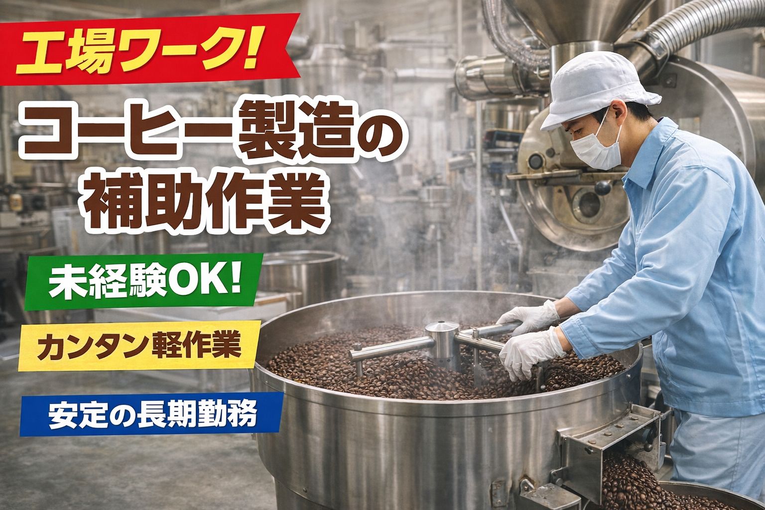 工場　コーヒー製造の補助作業未経験OK　材料充填や検査・物流など