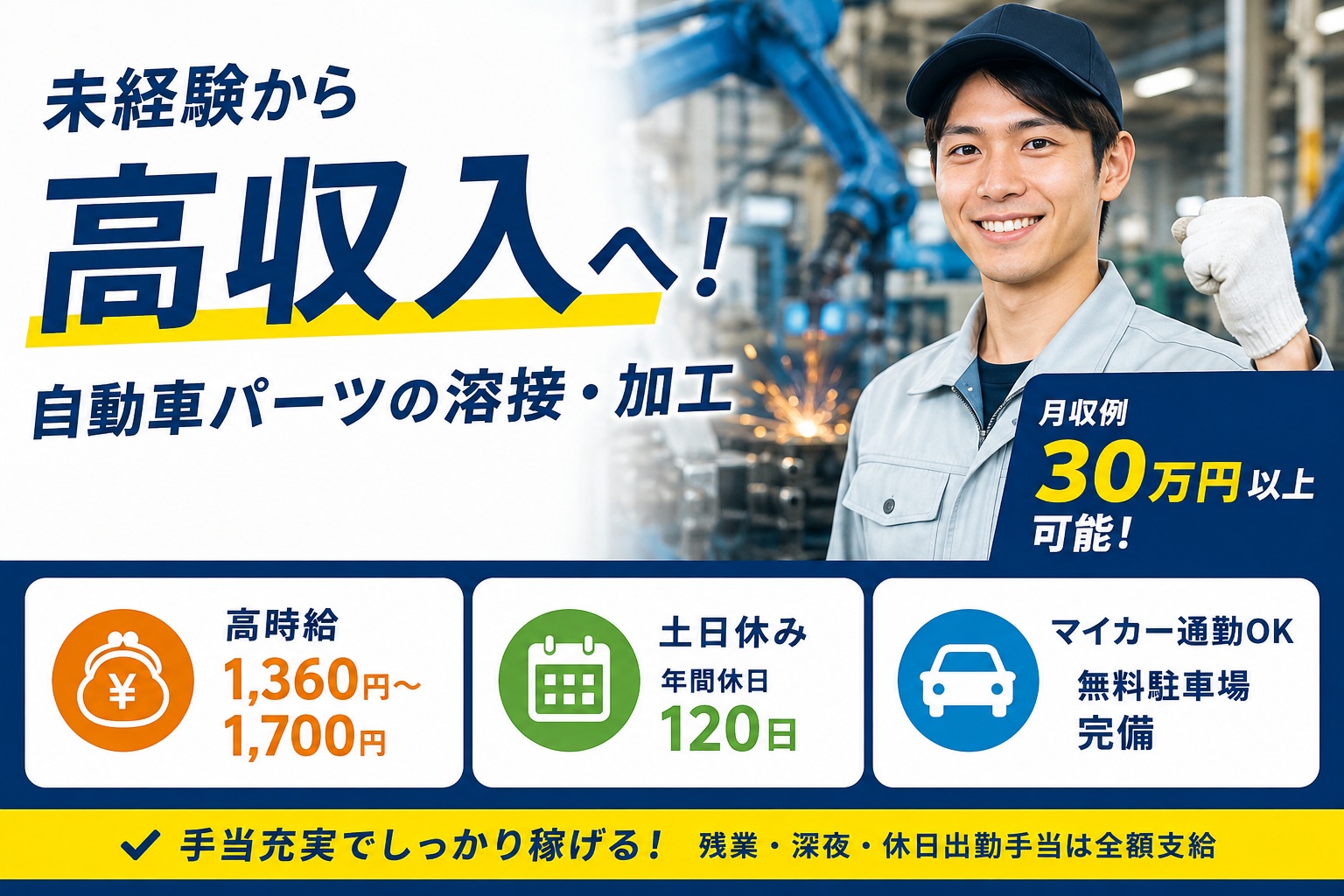 未経験から始める自動車部品溶接★
高時給で月収32万円以上も可能！