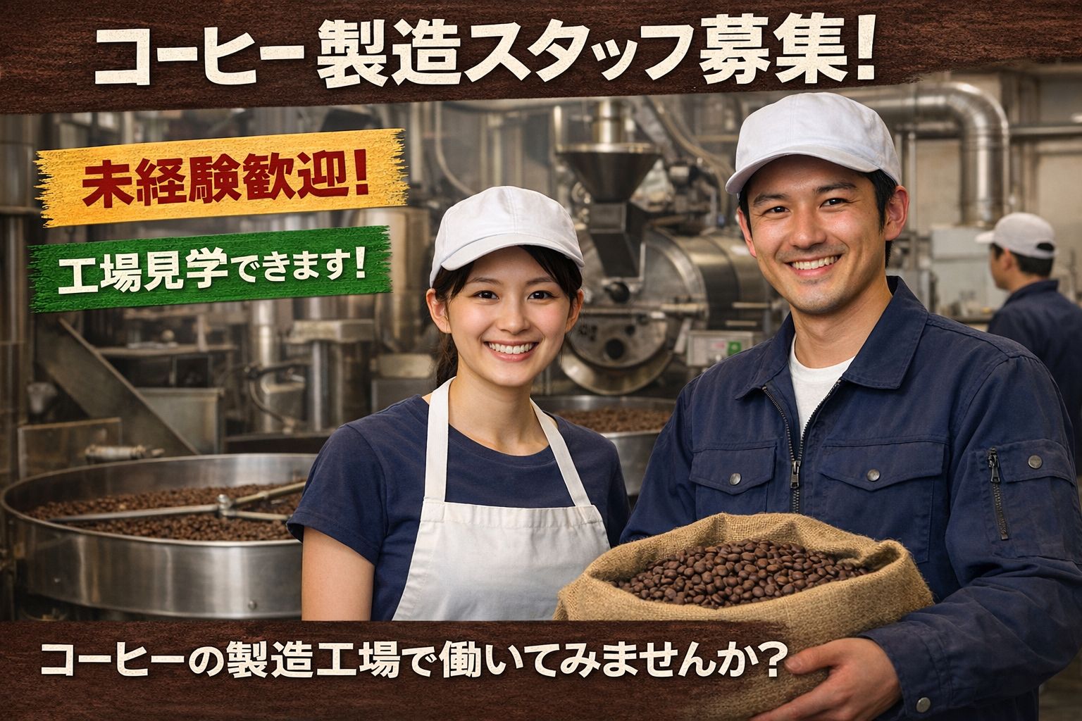 工場　コーヒー製造の補助作業
未経験OK　材料充填や検査・物流など