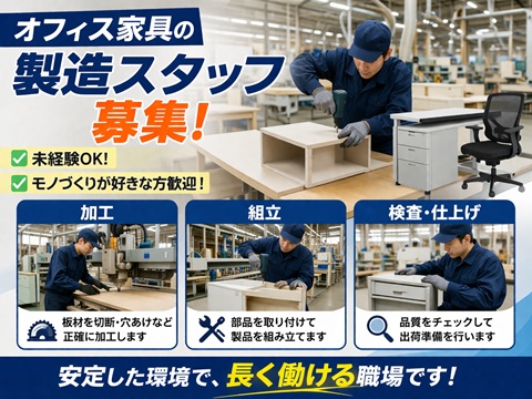 日勤／工場／未経験OK　
オフィス家具の組立・検査
