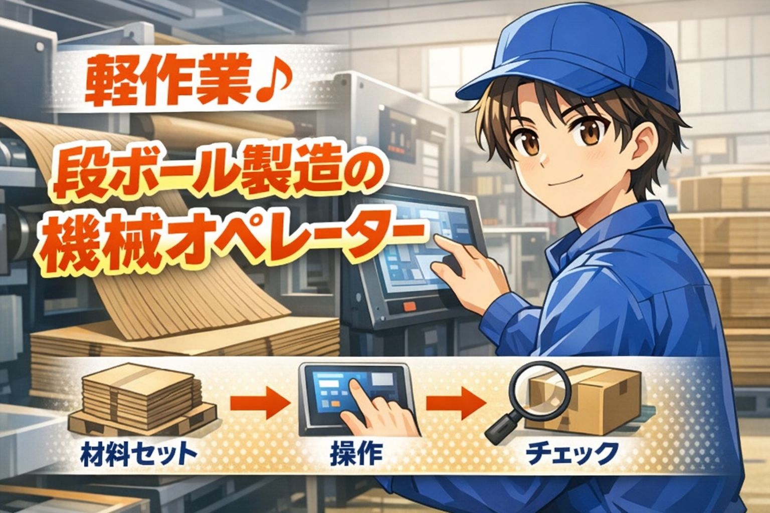 日勤専属のオペレーター業務／土日祝休み
段ボールマシーンのボタンを押すだけ